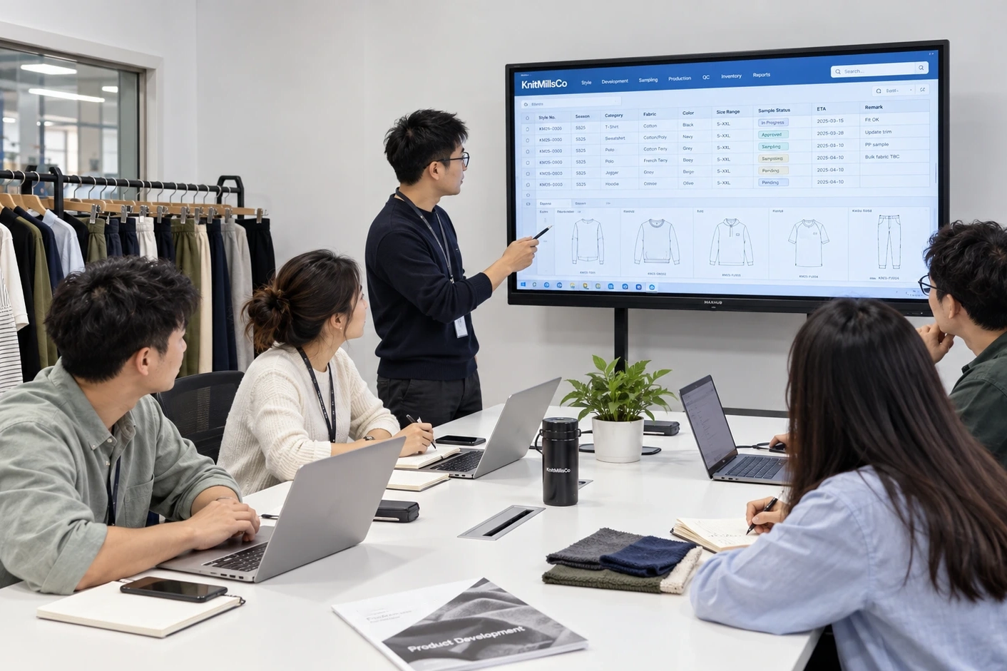 Knit apparel sample, material, measurement and production references connected through project review