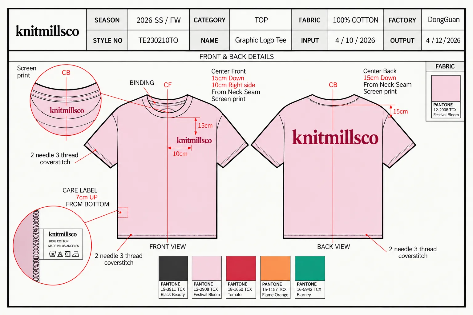 Knit garment first sample input review with tech pack fabric references measurement sheet and trims