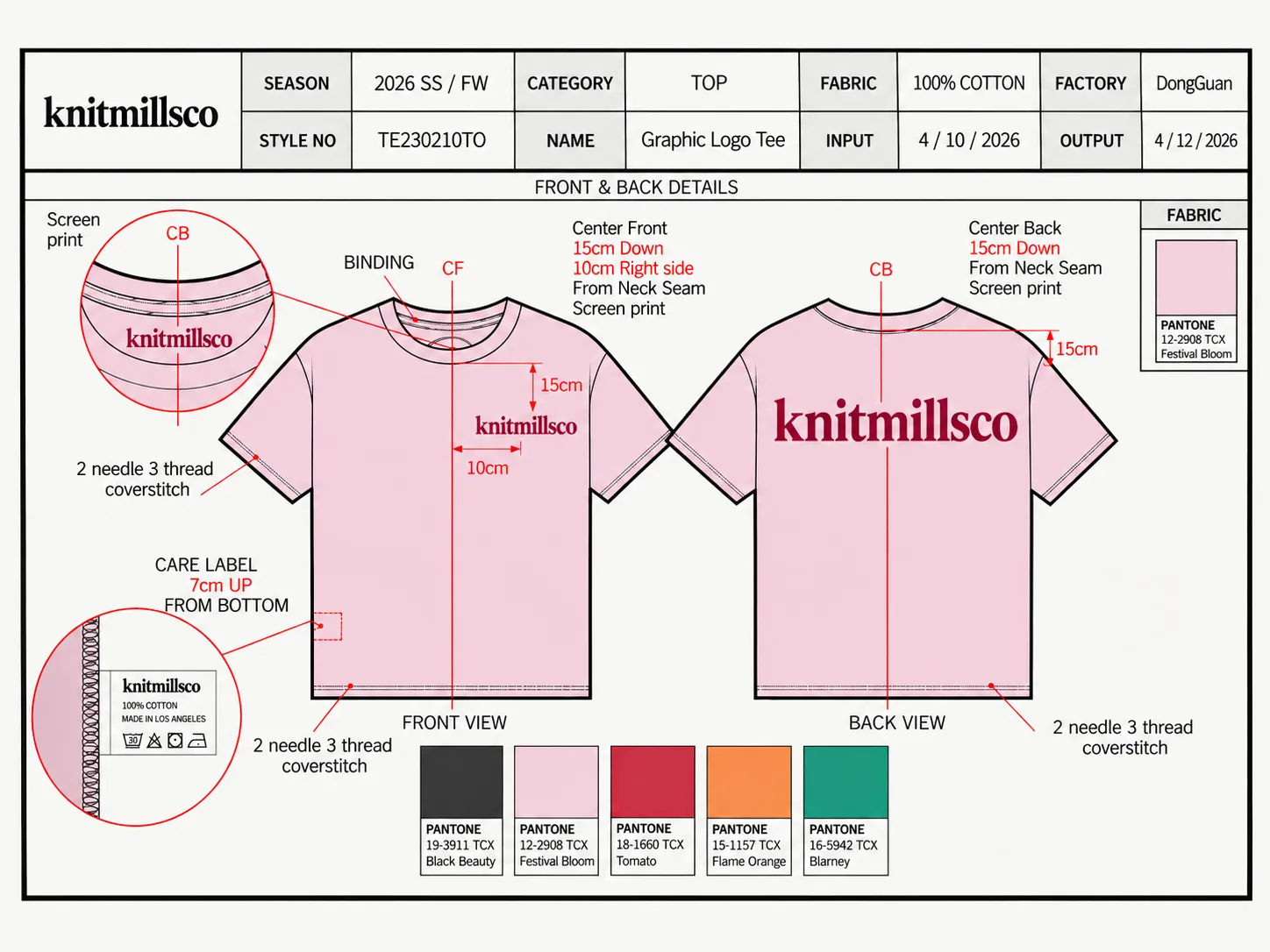 Knit garment first sample input review with tech pack fabric references measurement sheet and trims