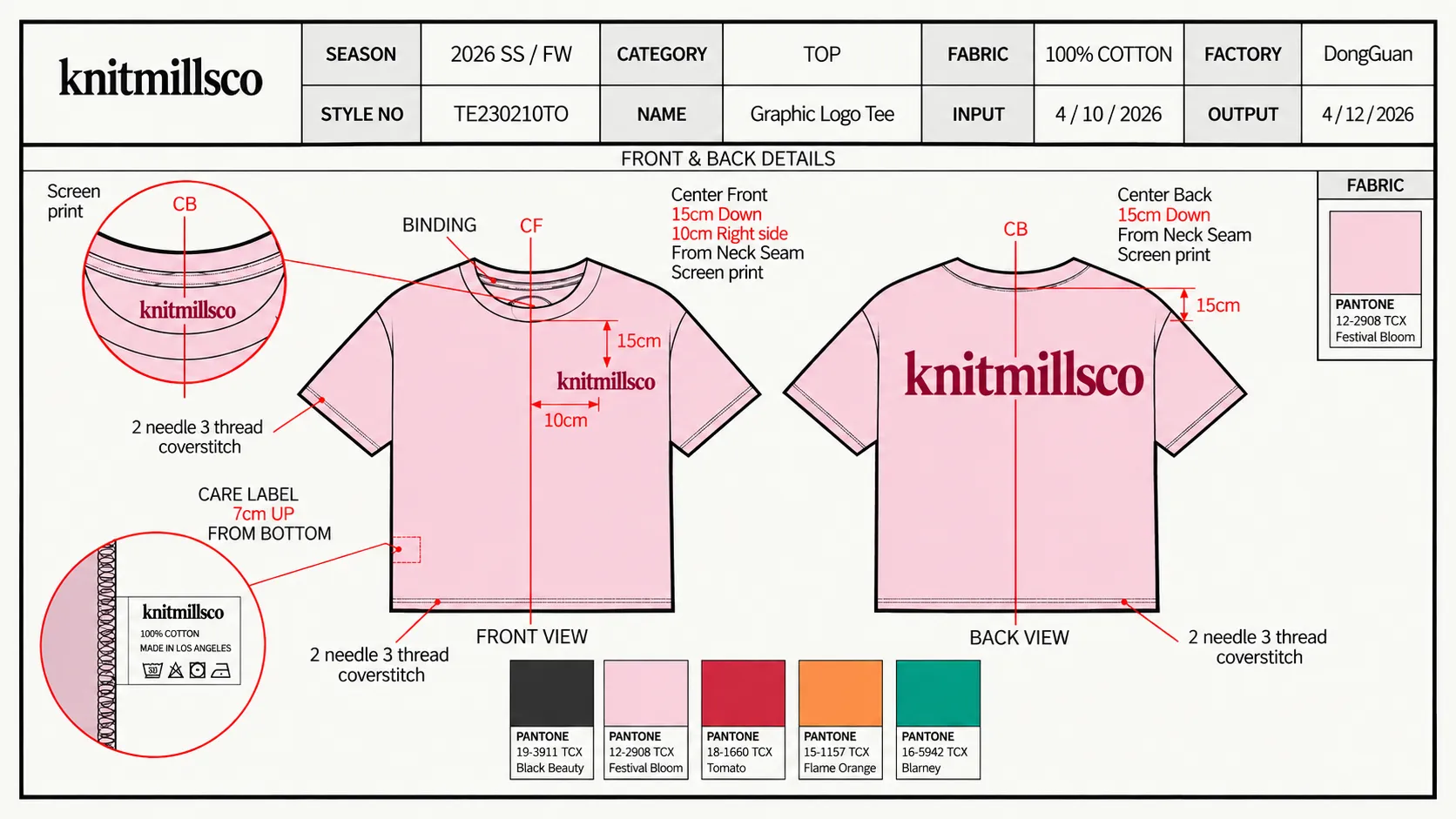 Knit garment first sample input review with tech pack fabric references measurement sheet and trims