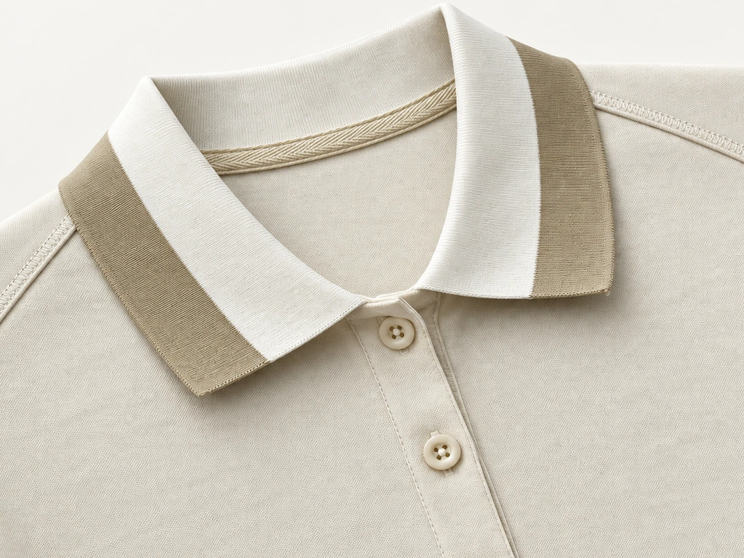 Collar neckline and placket construction detail reviewed before activewear bulk production