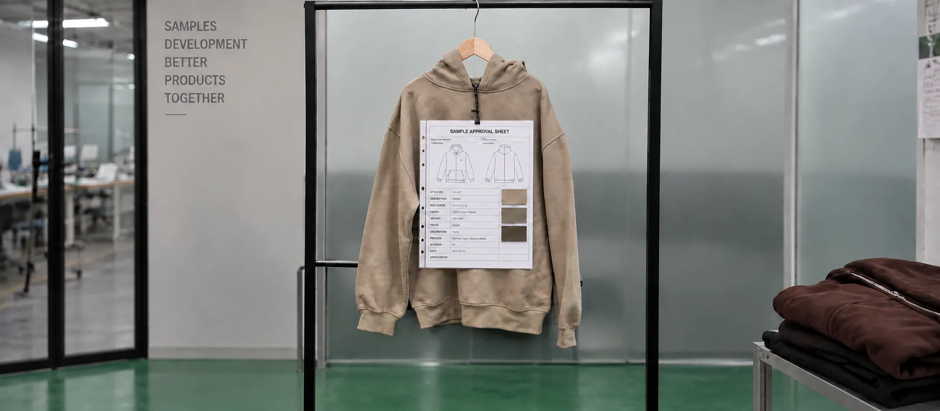 Approved knit garment sample with measurement, material, artwork and development references