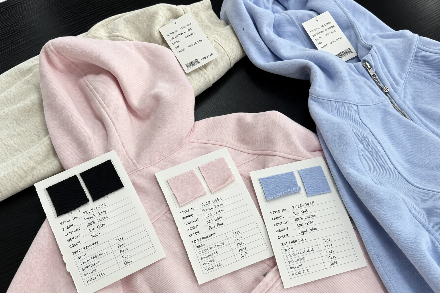 Knit garment sample being reviewed for fit, measurements, construction and workmanship
