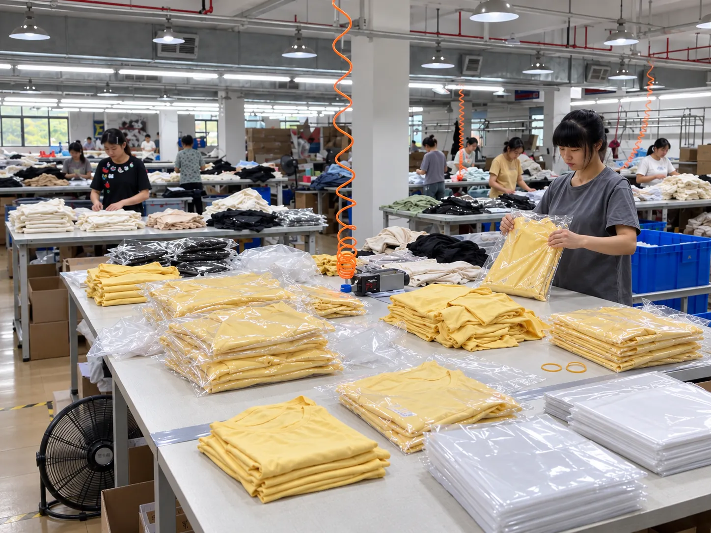 Cut-and-sew garments reviewed and packed in a production workshop before delivery