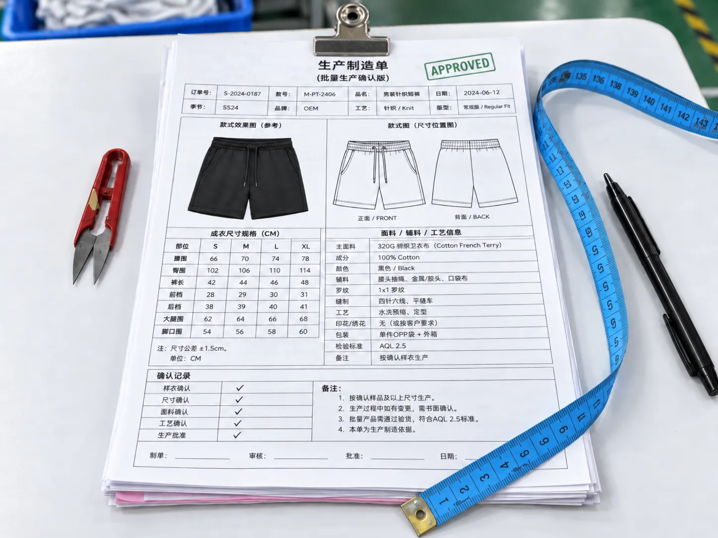 Knit garment measurement and fit points checked against approved specifications