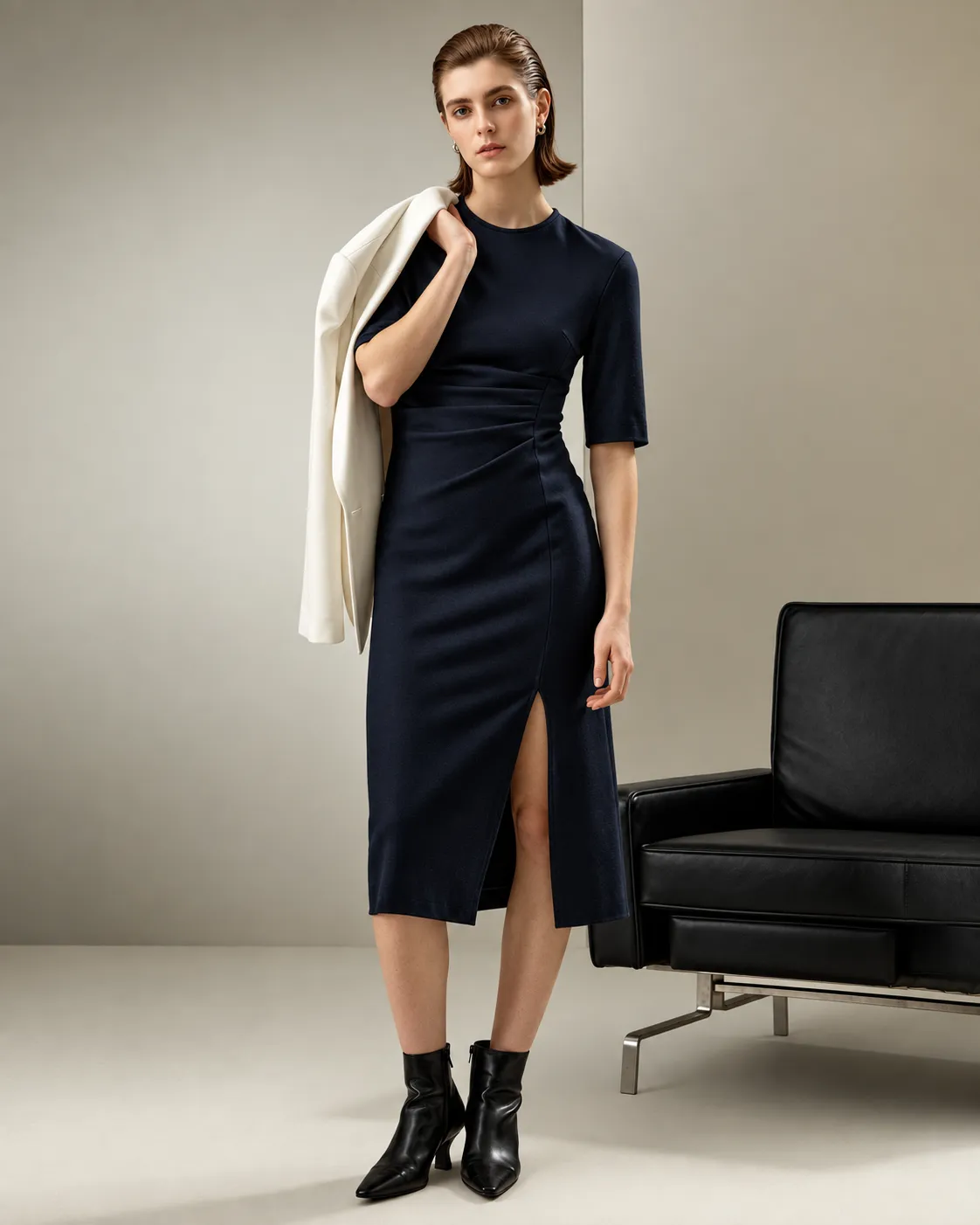 Office and refined cut-and-sew knit dress reference style