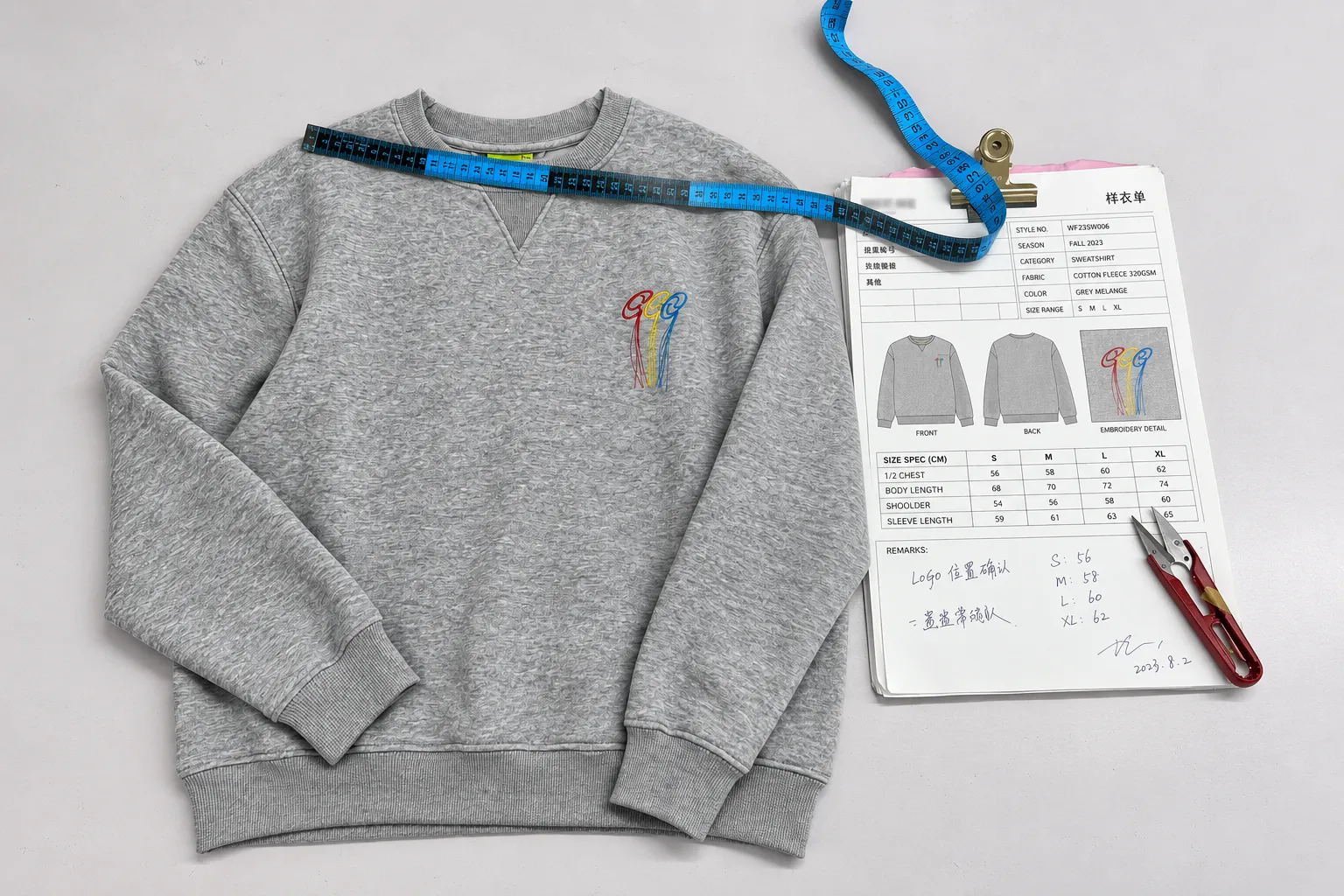 Sampling development review with garment sample, tech pack and material references