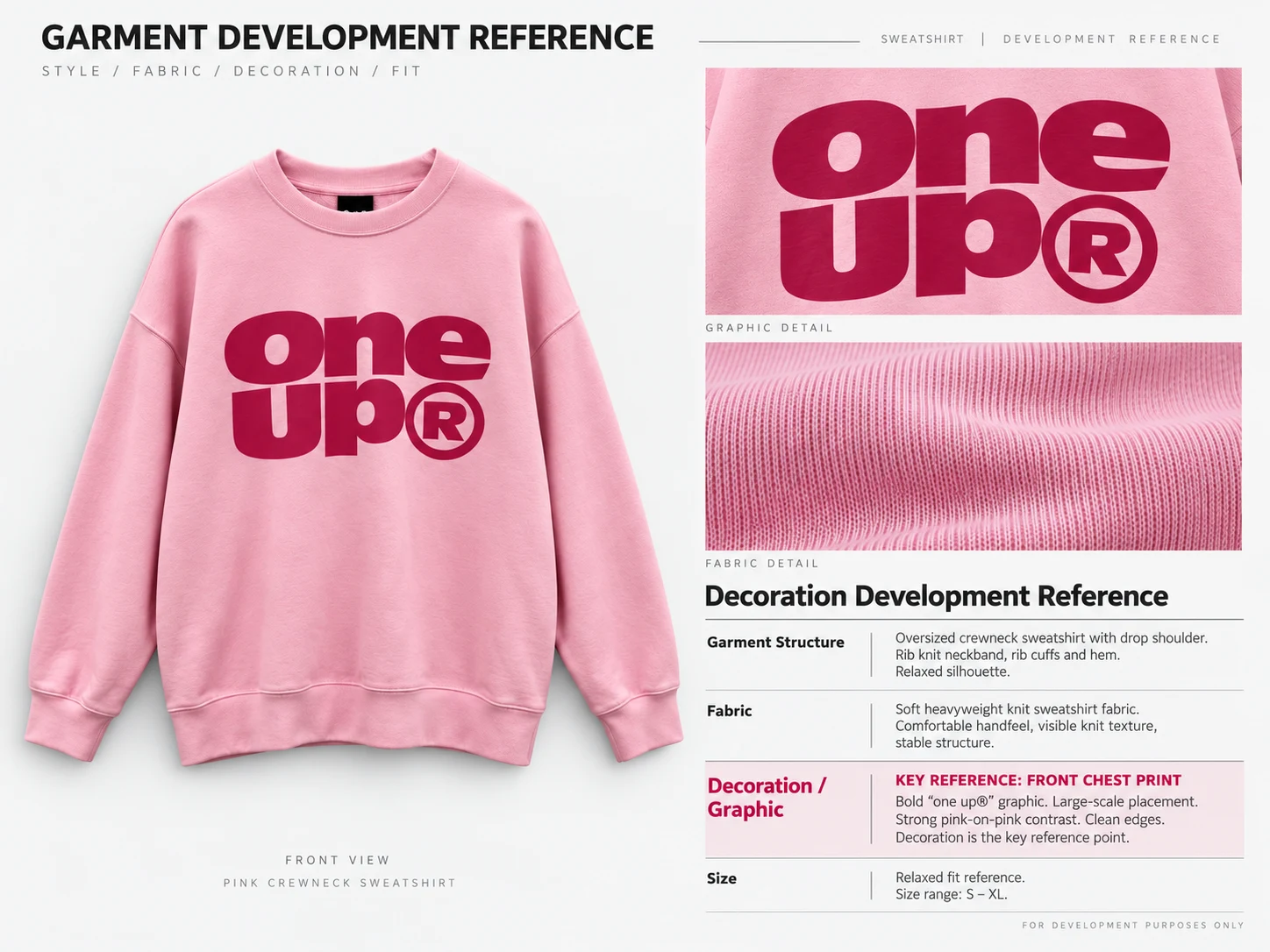 Garment and decoration development references aligned during knit apparel development