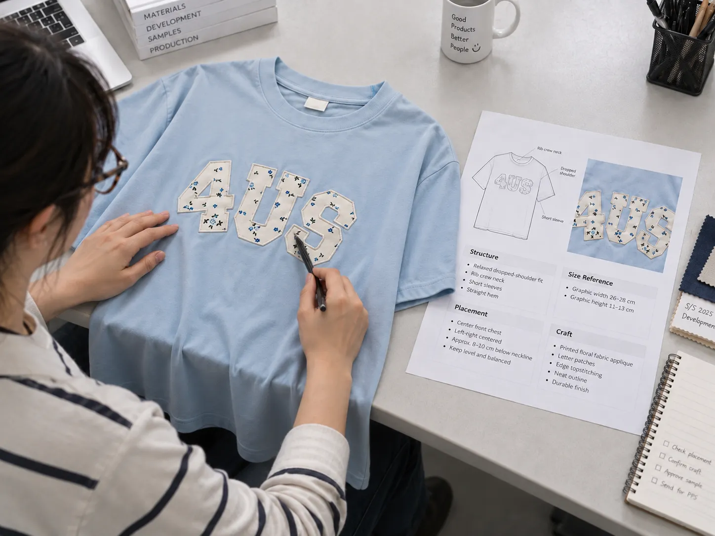 Decoration sample and garment reference reviewed during artwork and effect approval