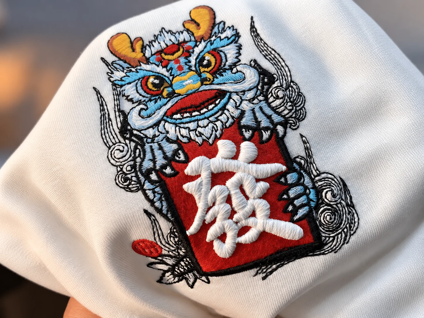 Embroidery applique and patch details applied to cut-and-sew knit apparel