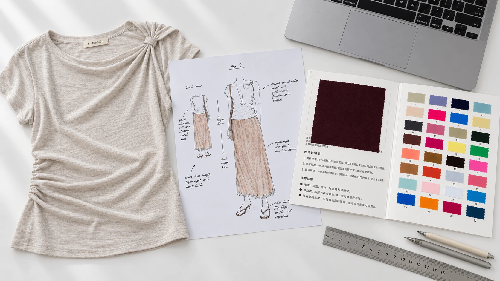 Cut-and-sew knit apparel project definition review with tech pack, reference sample and material inputs