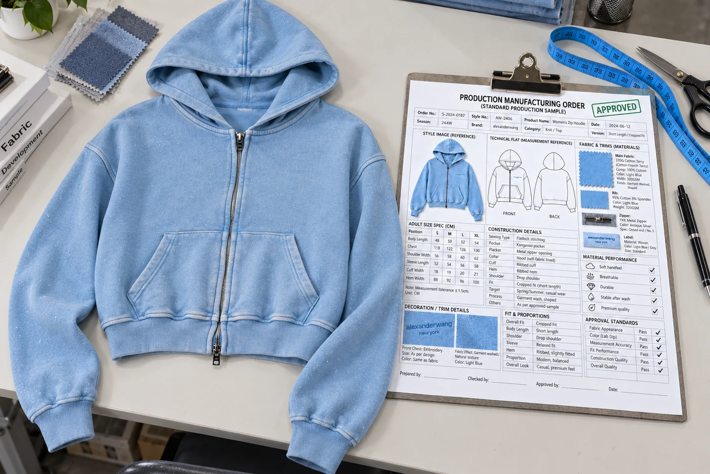 Garment direction review with reference garment, fabric, measurements and construction information
