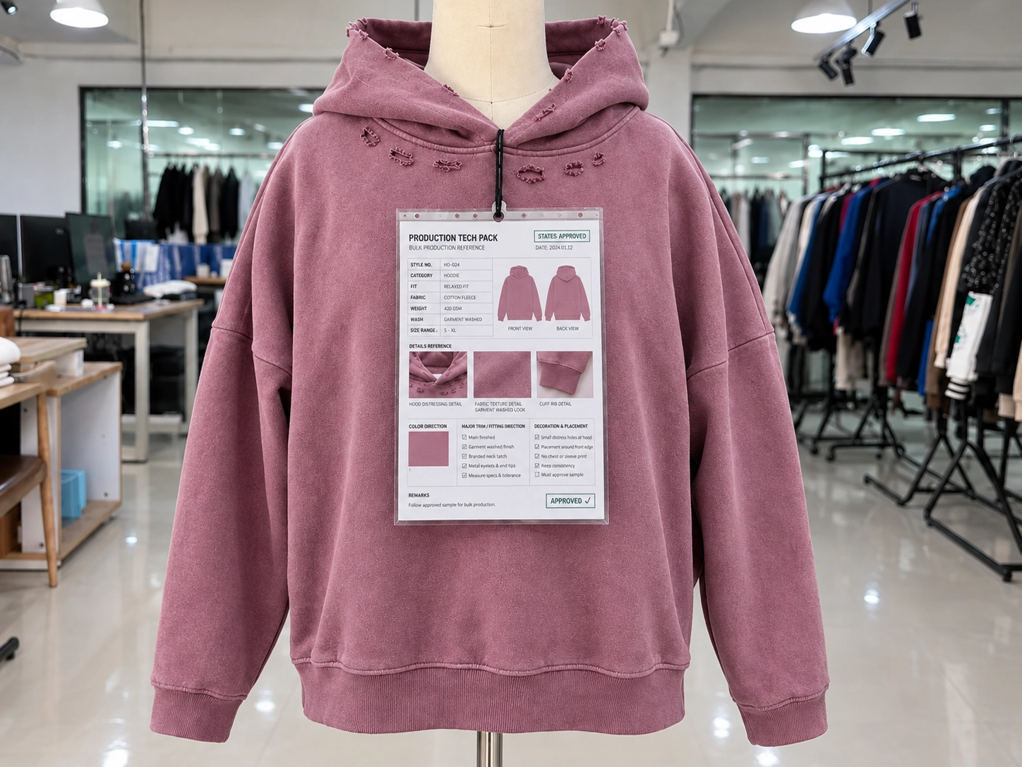 Approved garment references and production records retained for repeat order comparison