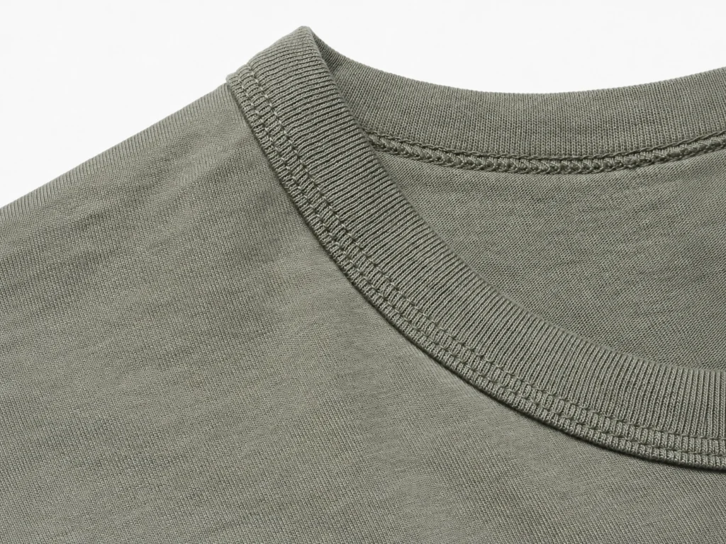 Rib knit neckband and jersey fabric construction detail on a T-shirt