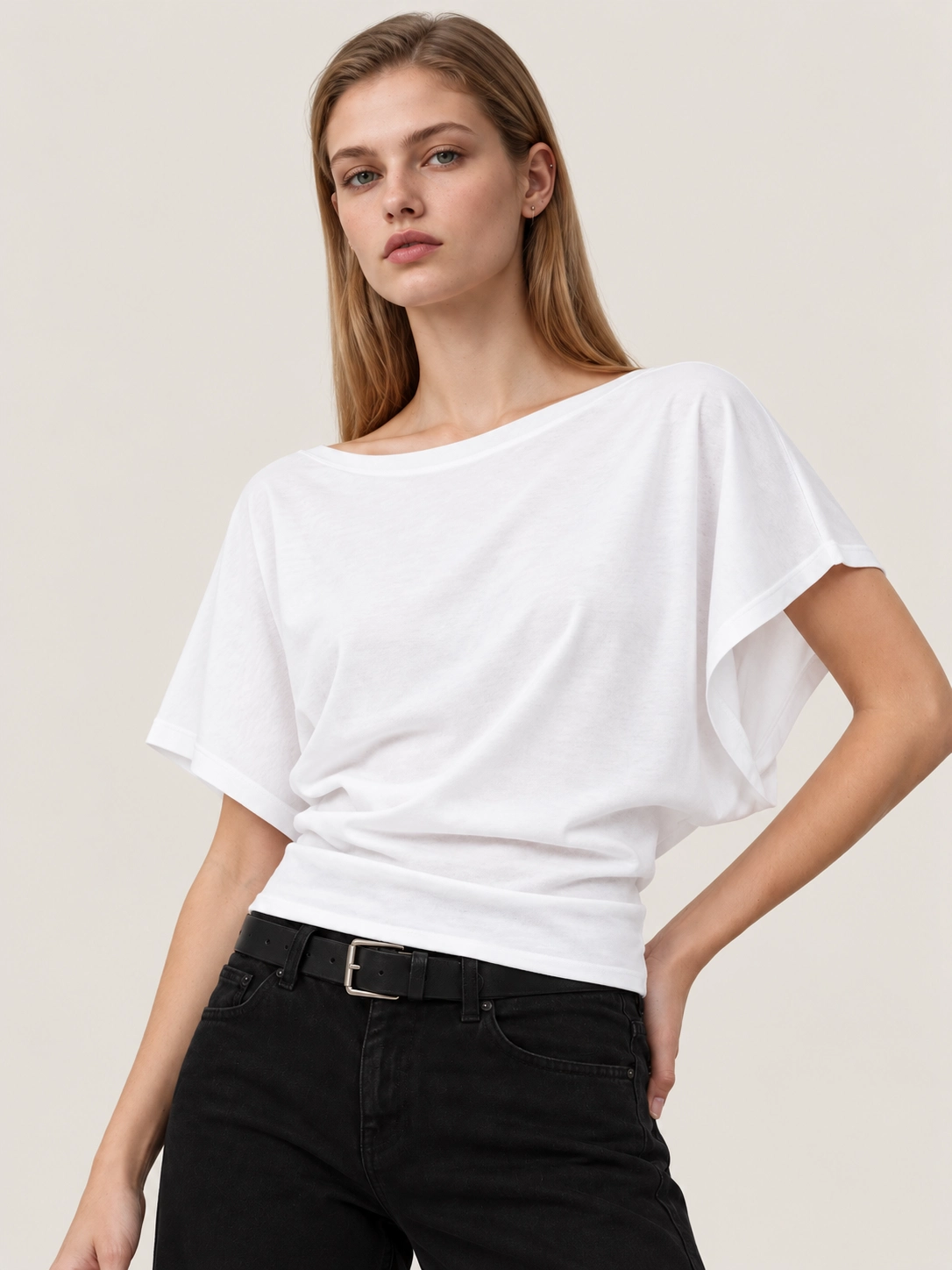 Knit T-shirts showing fit proportion, neckline and knit fabric direction