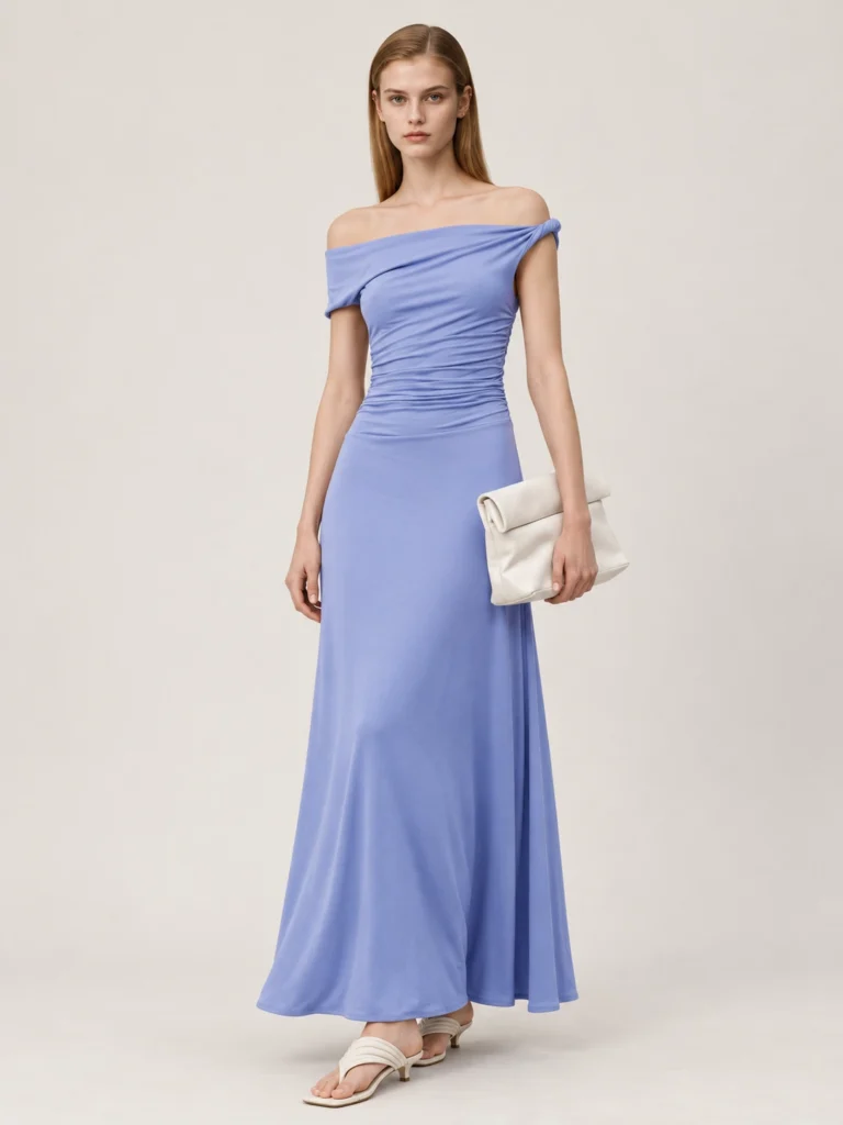 Custom Women’s Asymmetric Off-Shoulder Ruched Knit Maxi Dress