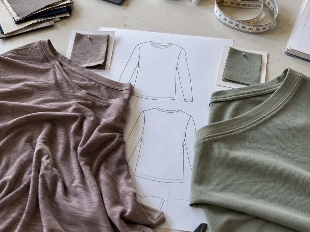 Two knit garment samples with different drape and surface characteristics placed beside technical pattern sketches
