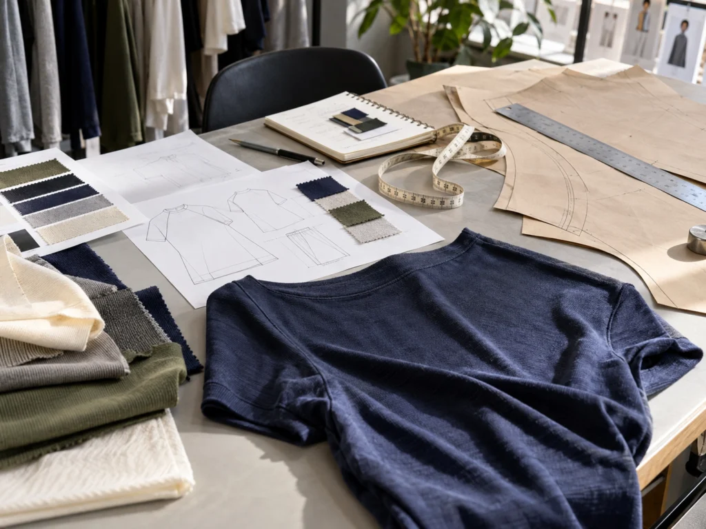 Knit garment development workstation with fabric swatches, T-shirt sample, paper patterns, and measurement tools