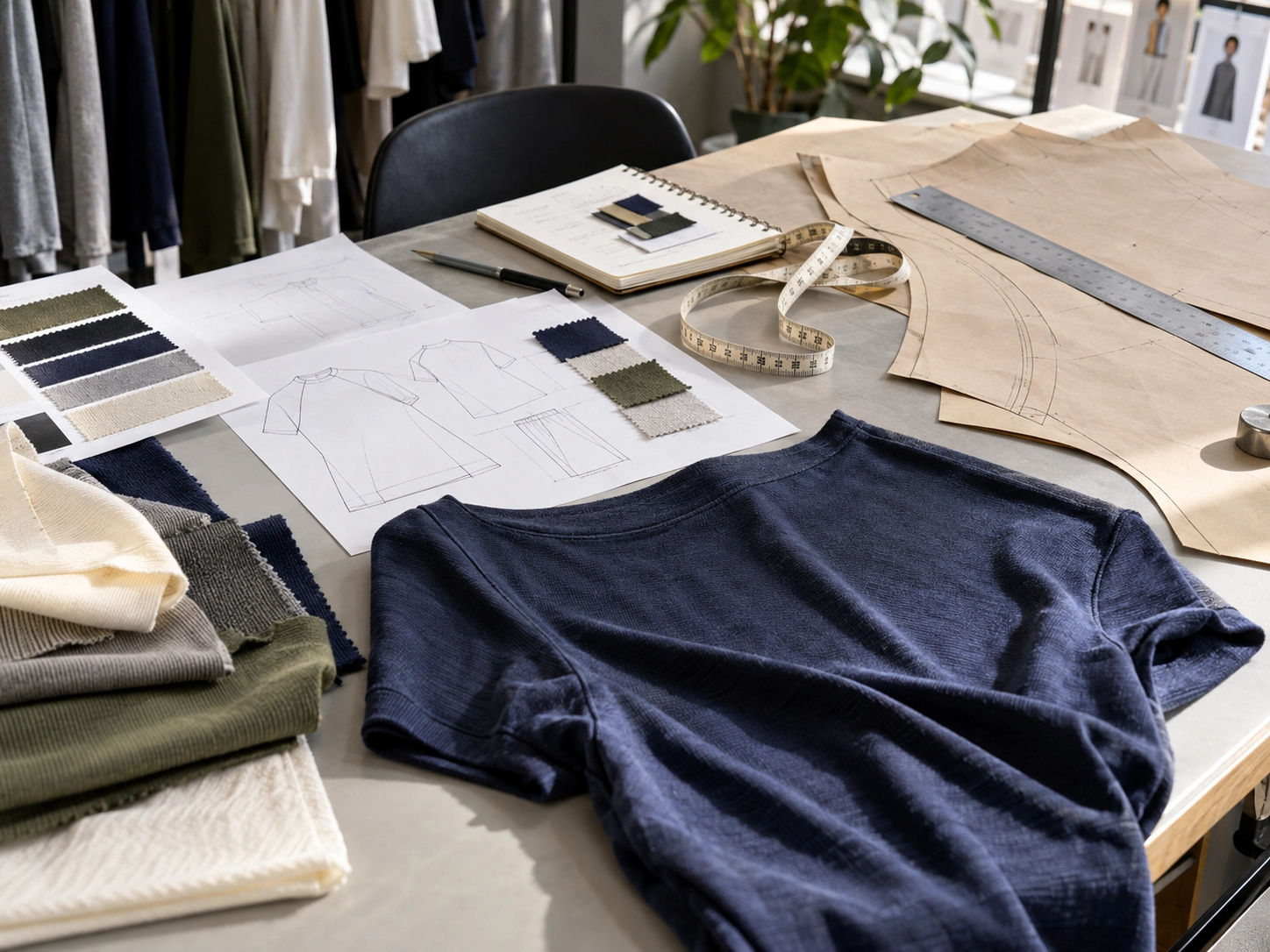 Knit garment development workstation with fabric swatches, T-shirt sample, paper patterns, and measurement tools