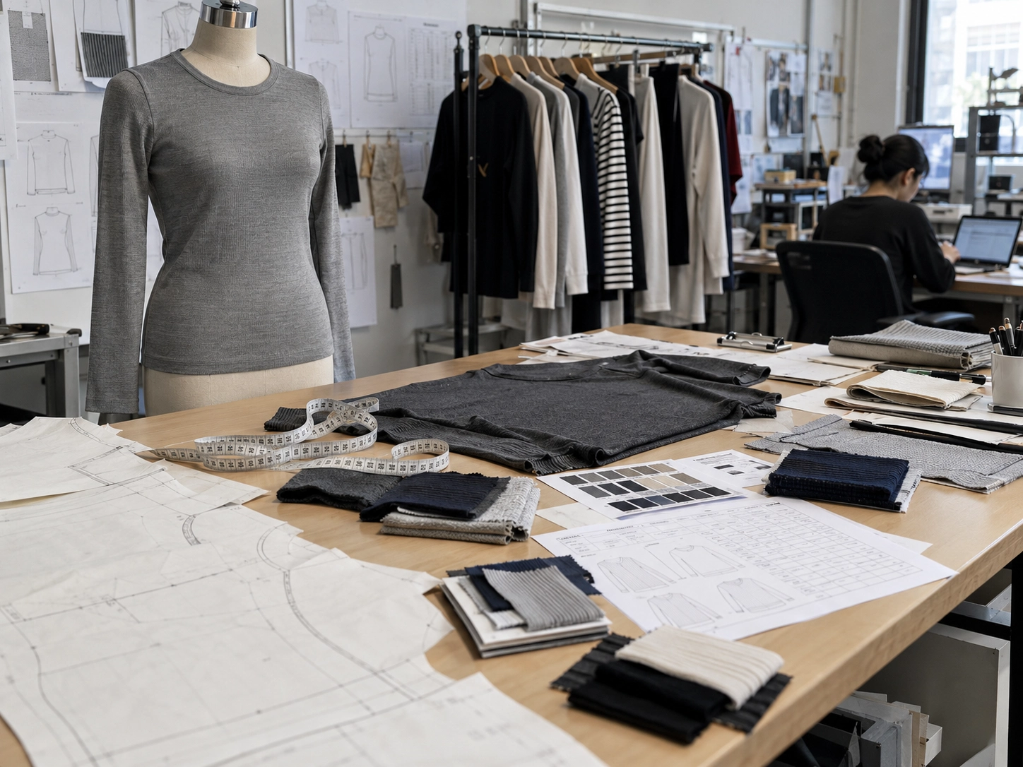 Knit garment fit review workstation with a dress form, sample garments, paper patterns, fabric swatches, and measurement records