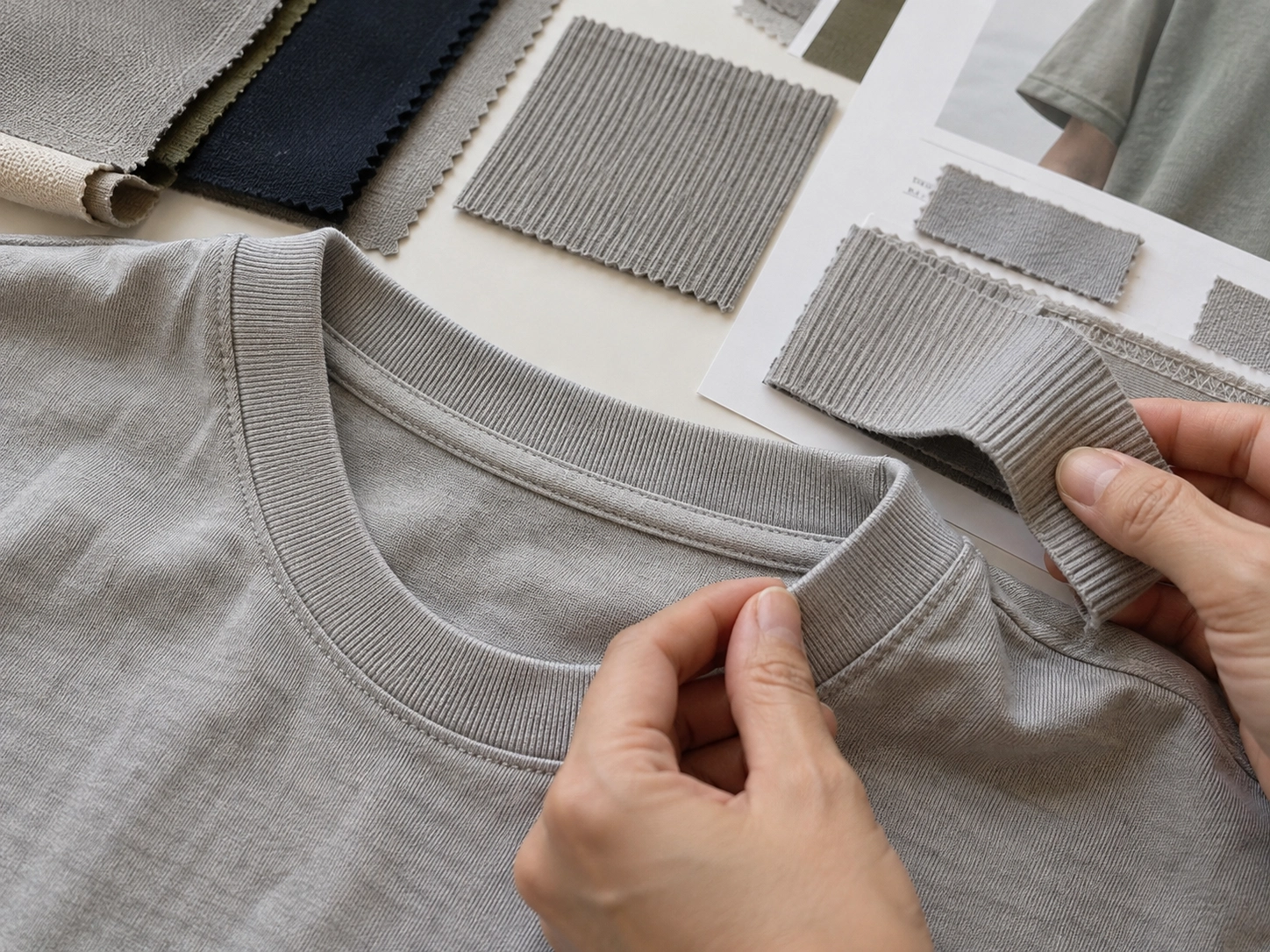 Close-up of a grey knit T-shirt neckline with rib trim and fabric swatches being reviewed for garment construction