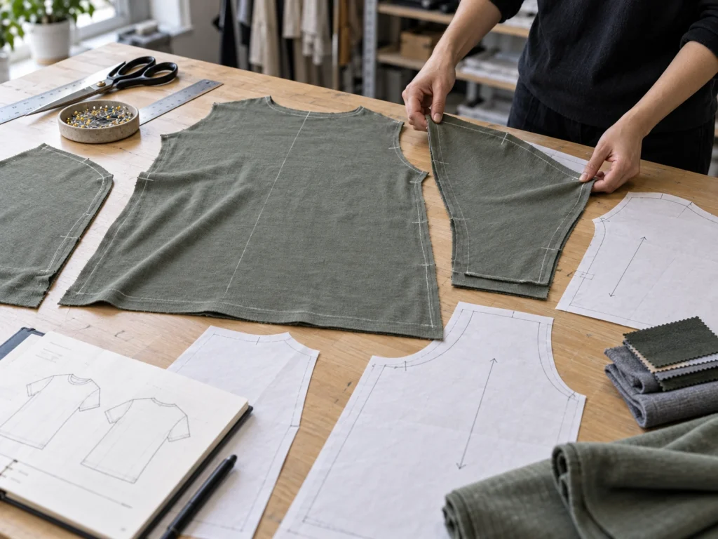 Pattern development worktable for a knit T-shirt with paper pattern pieces, fabric swatches, and garment construction references