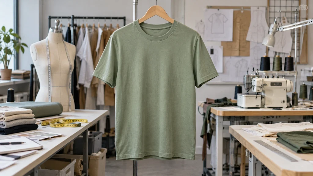 Sage green knit T-shirt sample displayed in a bright apparel development studio with fabric swatches and worktable