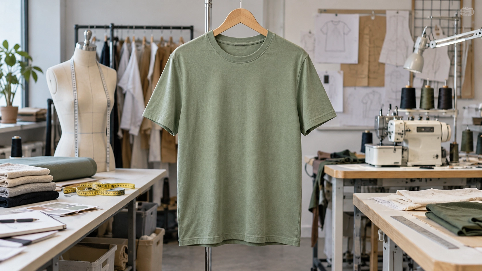 Sage green knit T-shirt sample displayed in a bright apparel development studio with fabric swatches and worktable