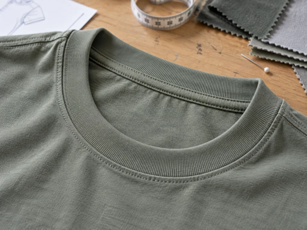 Close-up of a knit garment neckline on a sewing worktable with stitching details and apparel construction tools