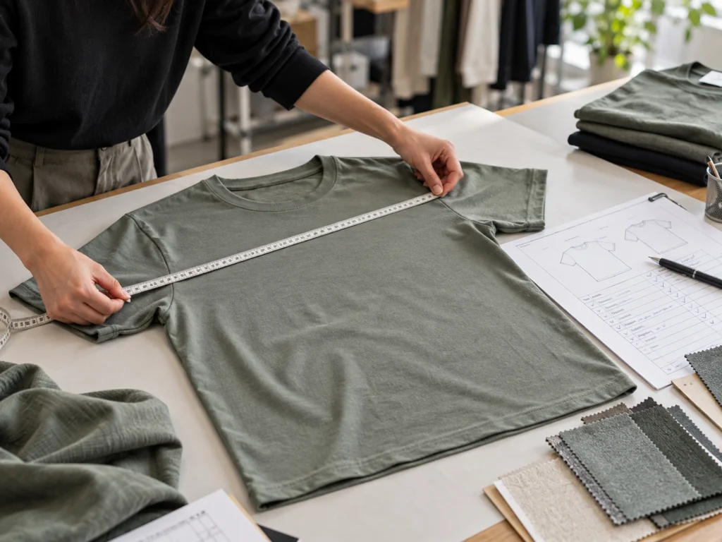 Knit T-shirt size inspection in an apparel studio with measuring tools, sample garment, and technical review setup