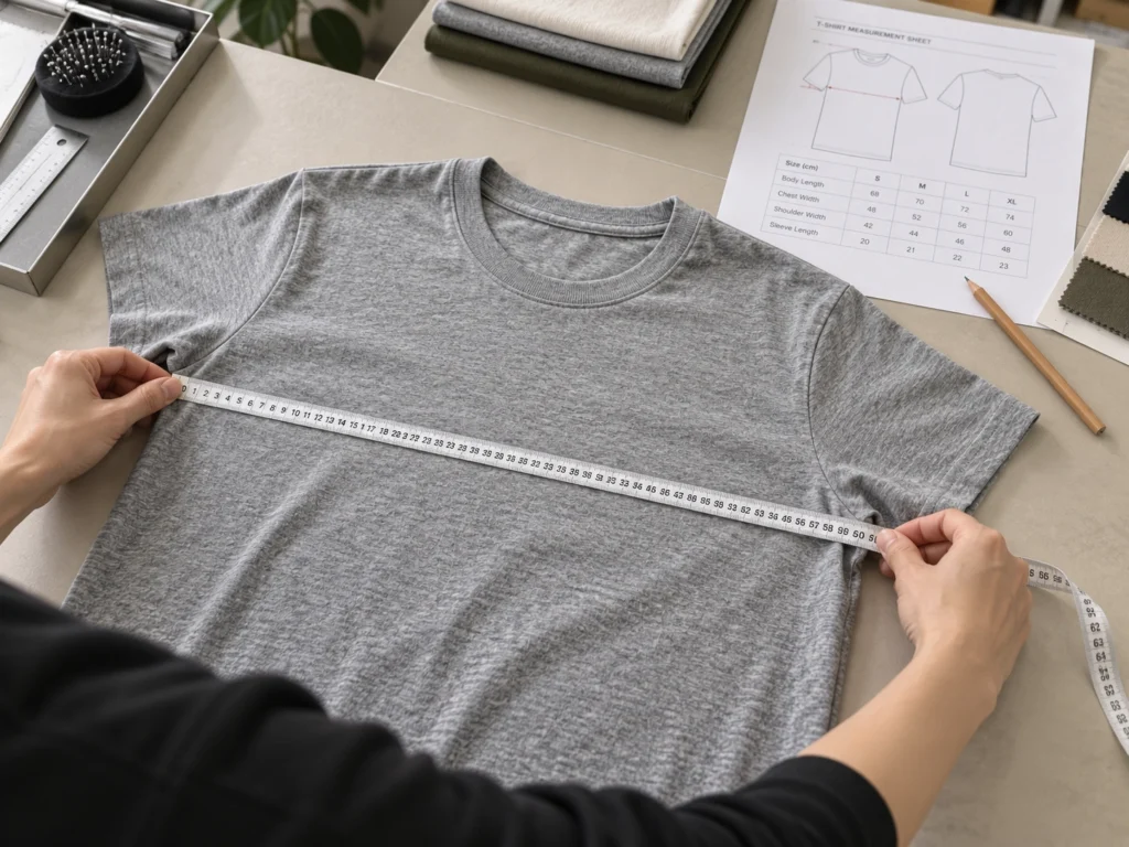Chest width measurement of a knit T-shirt on a garment review table with a clear tape measure, fabric swatches, and size-check materials