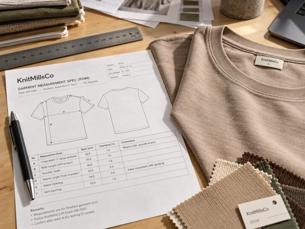 Close-up review of knit T-shirt construction details, including collar, seams, and garment workmanship on a development worktable