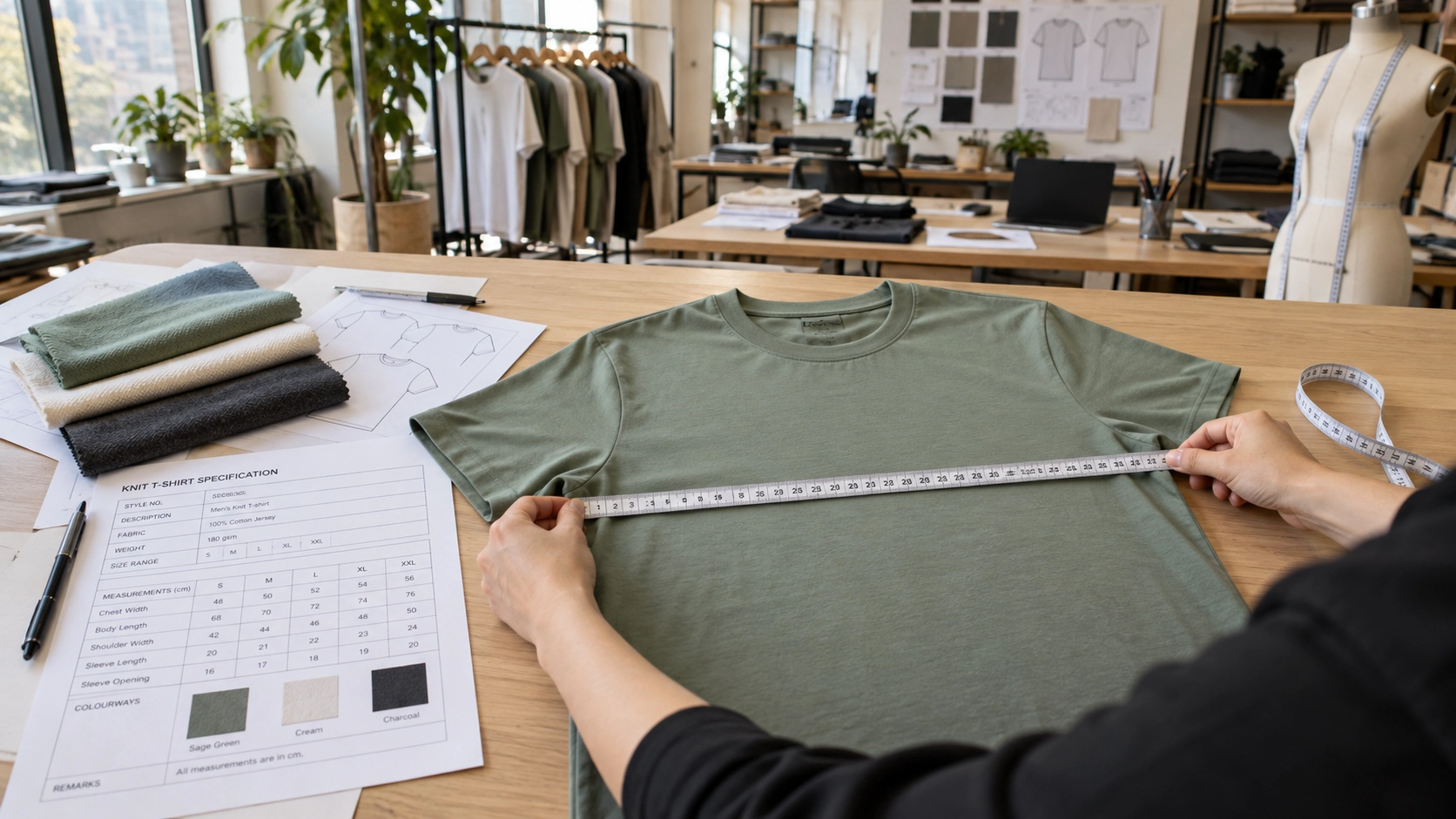 Sage green knit T-shirt displayed in an apparel workshop with measuring tools, sewing equipment, and garment development details