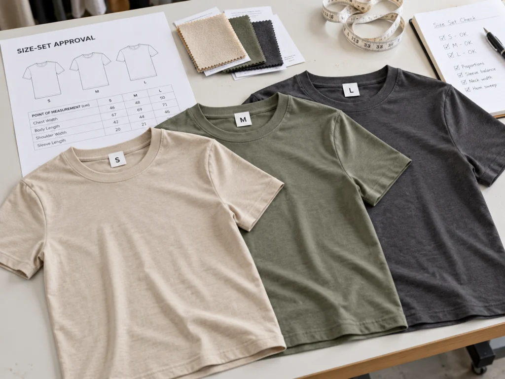 Knit T-shirt size review setup with garment measurement, specification sheet, and related fabric swatches for pre-production evaluation