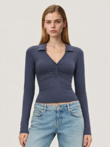 Custom Women’s Fitted Long Sleeve Polo Top with Ruched Button Placket