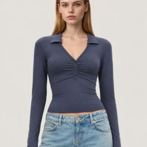 Custom Women's Fitted Long Sleeve Polo Top with Ruched Button Placket