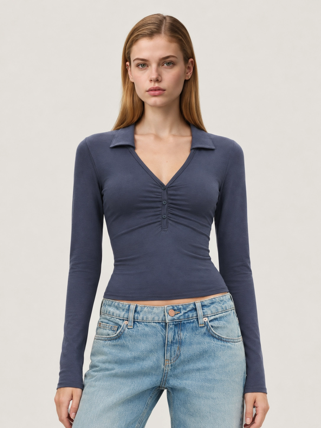 Custom Women’s Fitted Long Sleeve Polo Top with Ruched Button Placket