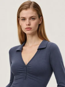 Custom Women’s Fitted Long Sleeve Polo Top with Ruched Button Placket