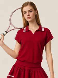 Custom Women’s Textured V-Neck Tennis Polo Shirt with Ribbed Hem