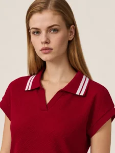 Custom Women’s Textured V-Neck Tennis Polo Shirt with Ribbed Hem