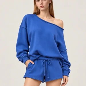 Oversized Off-Shoulder Exposed-Seam Terry Sweatshirt & Shorts Set
