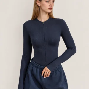 Fitted Deep-V Zip-Front Ribbed Long Sleeve Top