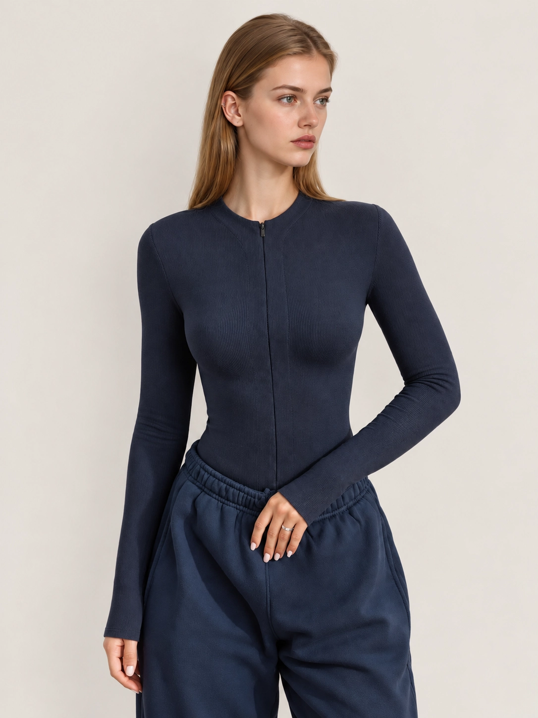 Fitted Deep-V Zip-Front Ribbed Long Sleeve Top