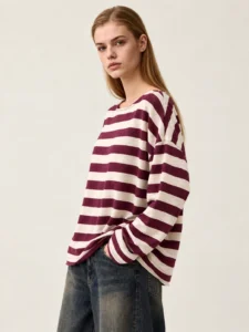 Oversized Boat-Neck Raw-Edge Striped Jersey Long-Sleeve T-Shirt