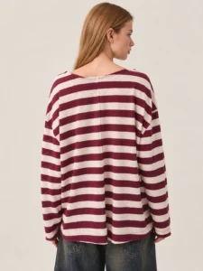 Oversized Boat-Neck Raw-Edge Striped Jersey Long-Sleeve T-Shirt