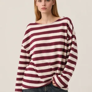 Oversized Boat-Neck Raw-Edge Striped Jersey Long-Sleeve T-Shirt