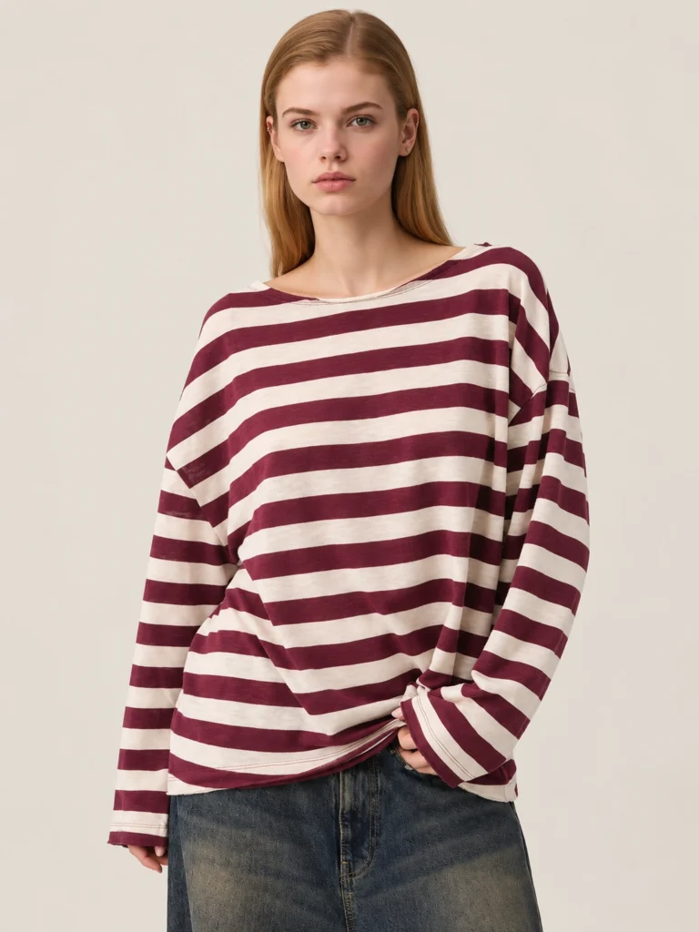 Oversized Boat-Neck Raw-Edge Striped Jersey Long-Sleeve T-Shirt