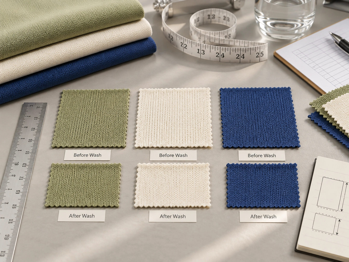 Before and after wash comparison of knit fabric swatches for shrinkage review