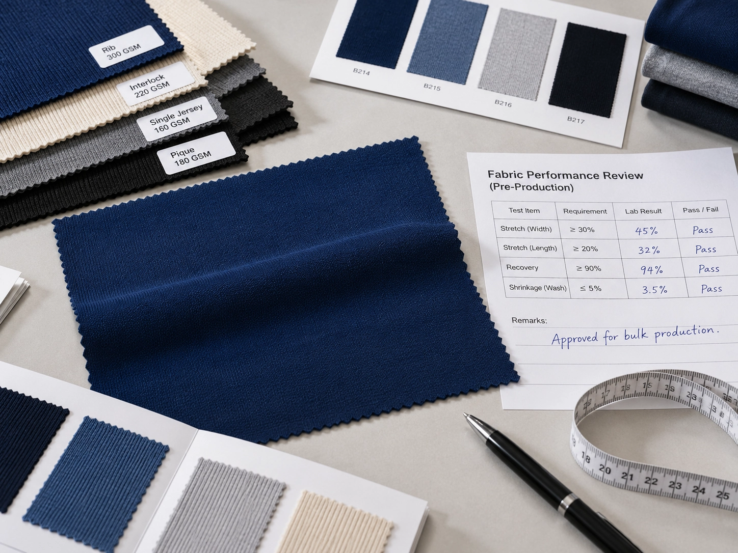 Blue knit fabric swatch with a pre-production performance review sheet