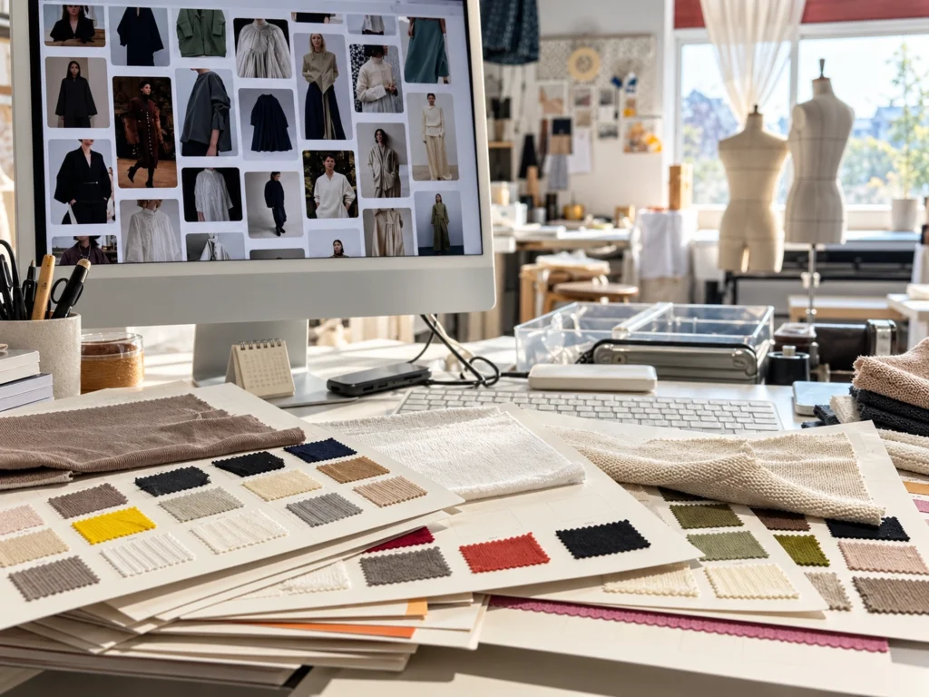 Knit fabric swatches and material references reviewed at an apparel development workstation
